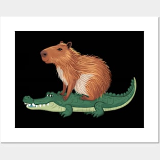 Funny Capybara Riding On a Crocodile Posters and Art